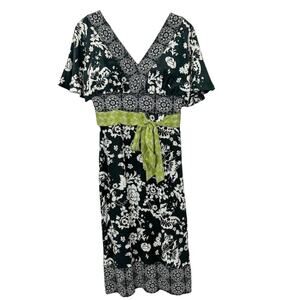 Phoebe Couture Womens Floral Empire Waist Border Trim Silk Dress Black Size 4